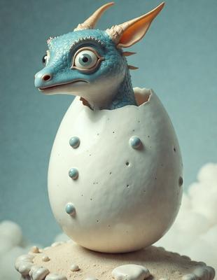 The primary subject of the image is a ceramic or porcelain dragon figurine, which is sitting inside an egg. The setting is a white background, and the visual style appears to be a digital art or illustration. The colors and mood of the image are predominantly white, giving it a clean and minimalist appearance.